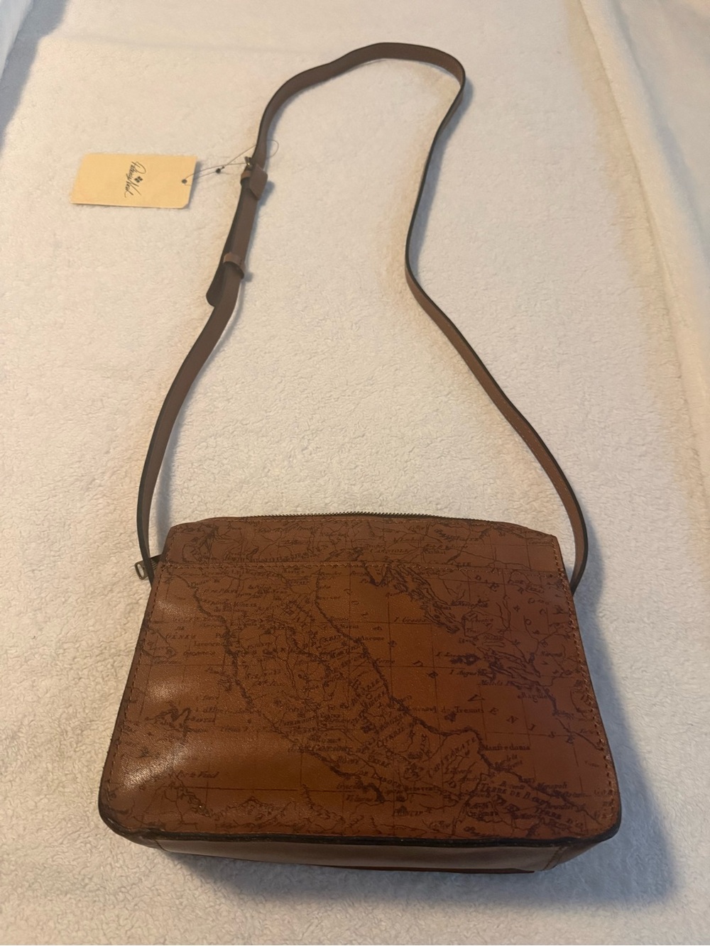 The Sak Brown Leather Crossbody with Map-Print Lining